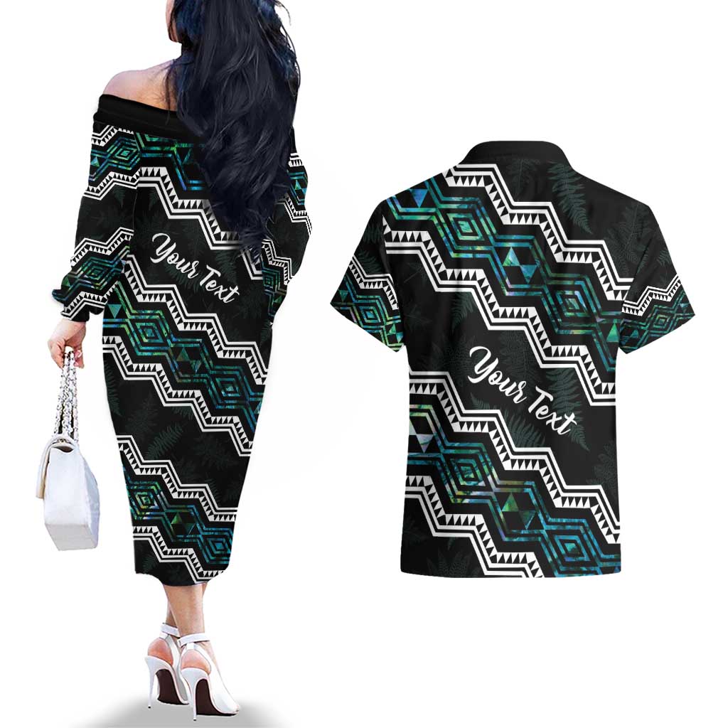 Personalised Taniko Aotearoa Mix Paua Shell Couples Matching Off The Shoulder Long Sleeve Dress and Hawaiian Shirt Niho Taniwha Turquoise Glitter LT01 - Polynesian Pride