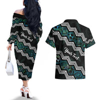 Personalised Taniko Aotearoa Mix Paua Shell Couples Matching Off The Shoulder Long Sleeve Dress and Hawaiian Shirt Niho Taniwha Turquoise Glitter LT01 - Polynesian Pride