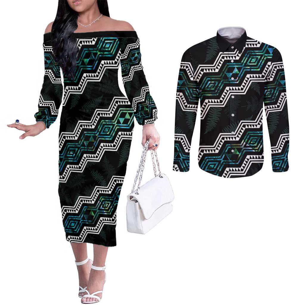 Personalised Taniko Aotearoa Mix Paua Shell Couples Matching Off The Shoulder Long Sleeve Dress and Long Sleeve Button Shirt Niho Taniwha Turquoise Glitter LT01 Turquoise - Polynesian Pride