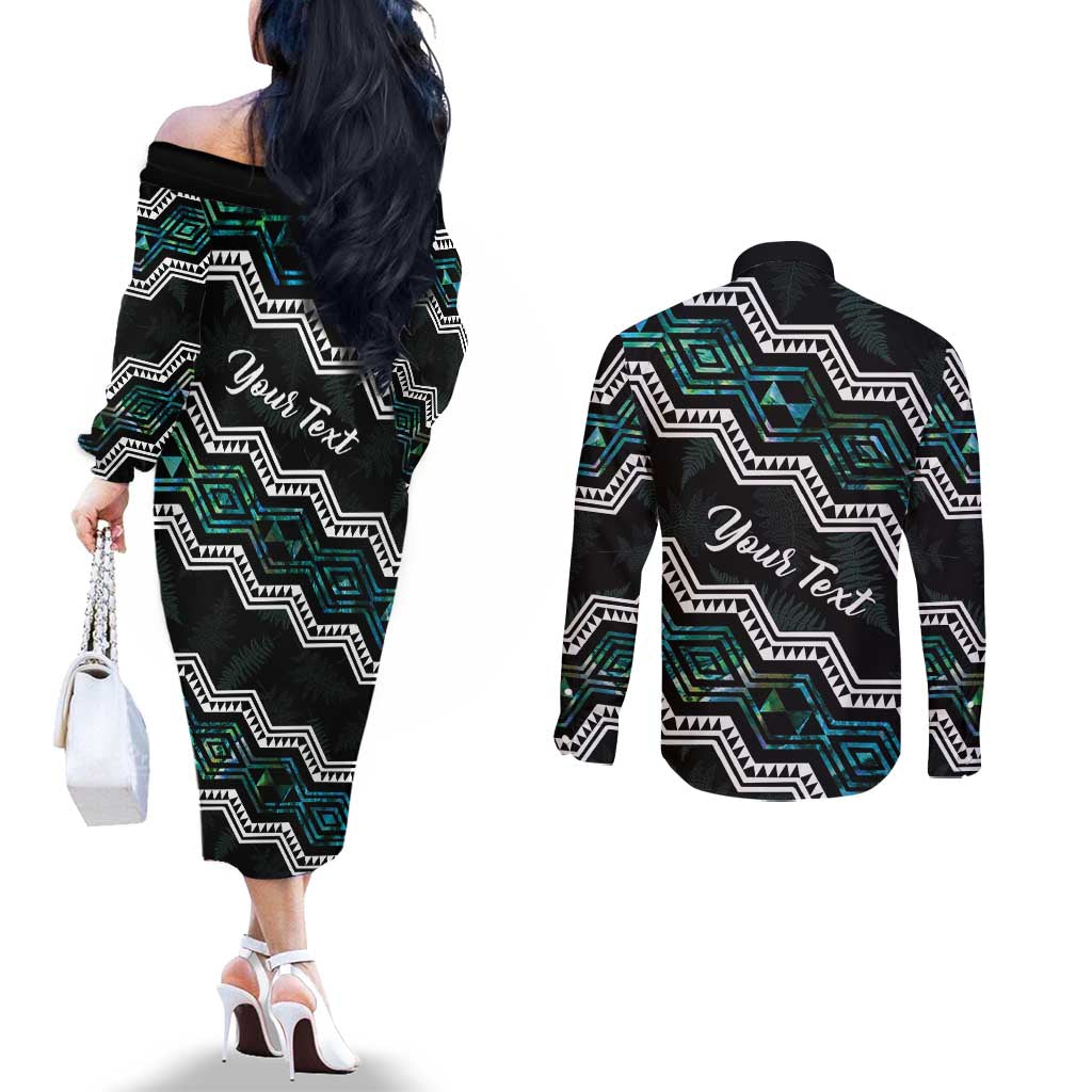 Personalised Taniko Aotearoa Mix Paua Shell Couples Matching Off The Shoulder Long Sleeve Dress and Long Sleeve Button Shirt Niho Taniwha Turquoise Glitter LT01 - Polynesian Pride