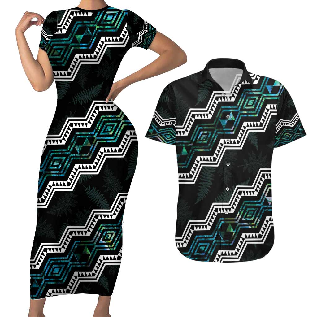 Personalised Taniko Aotearoa Mix Paua Shell Couples Matching Short Sleeve Bodycon Dress and Hawaiian Shirt Niho Taniwha Turquoise Glitter LT01 Turquoise - Polynesian Pride