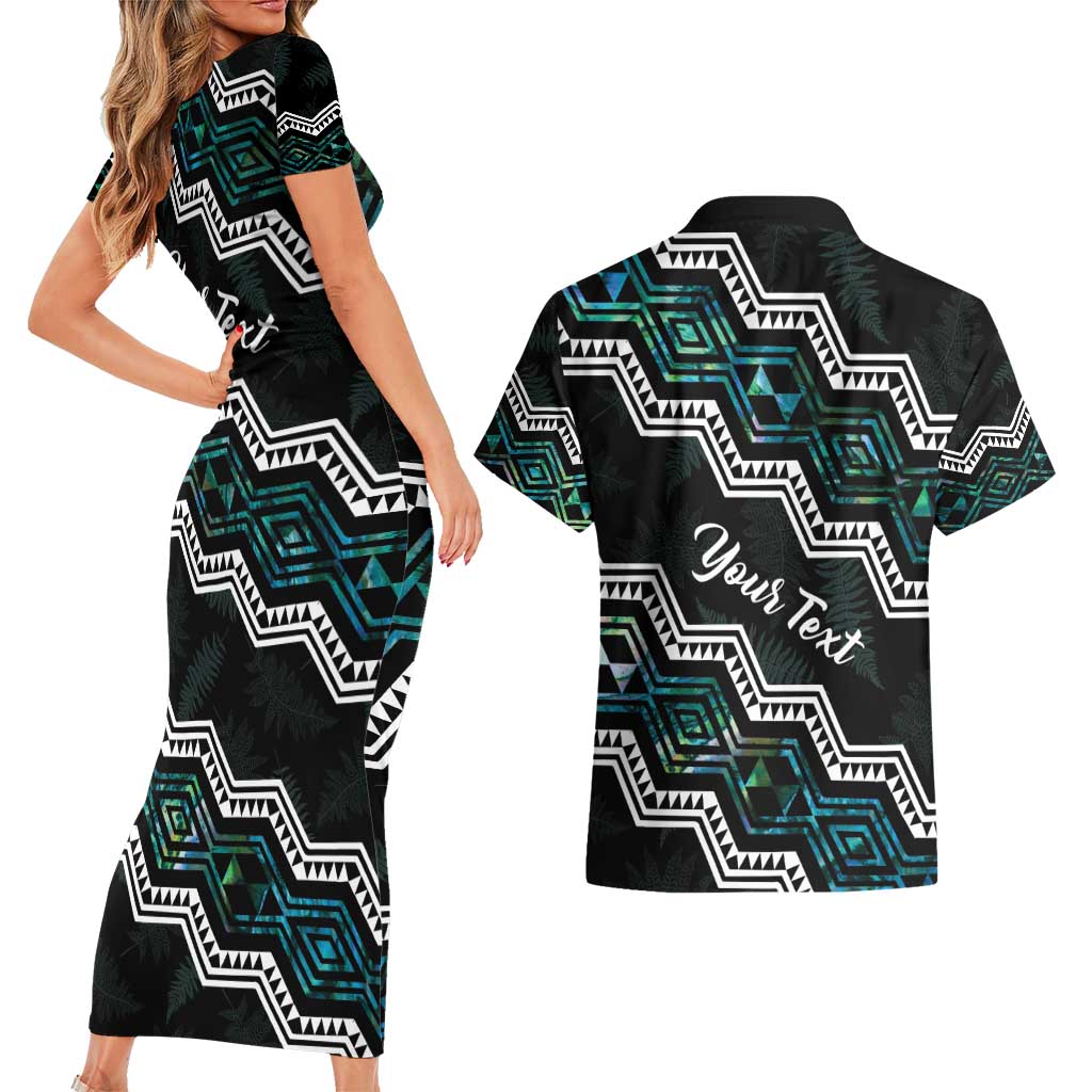 Personalised Taniko Aotearoa Mix Paua Shell Couples Matching Short Sleeve Bodycon Dress and Hawaiian Shirt Niho Taniwha Turquoise Glitter LT01 - Polynesian Pride