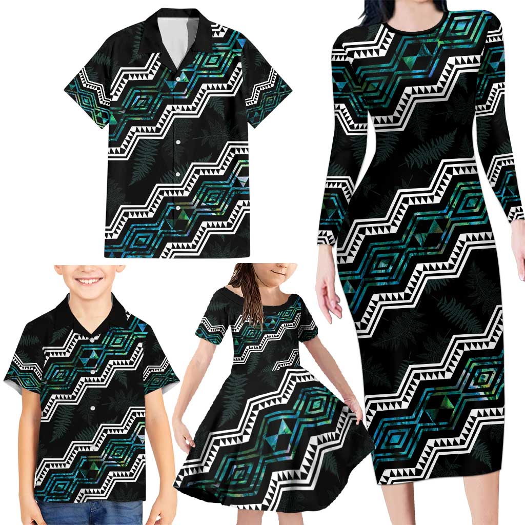 Personalised Taniko Aotearoa Mix Paua Shell Family Matching Long Sleeve Bodycon Dress and Hawaiian Shirt Niho Taniwha Turquoise Glitter LT01 - Polynesian Pride