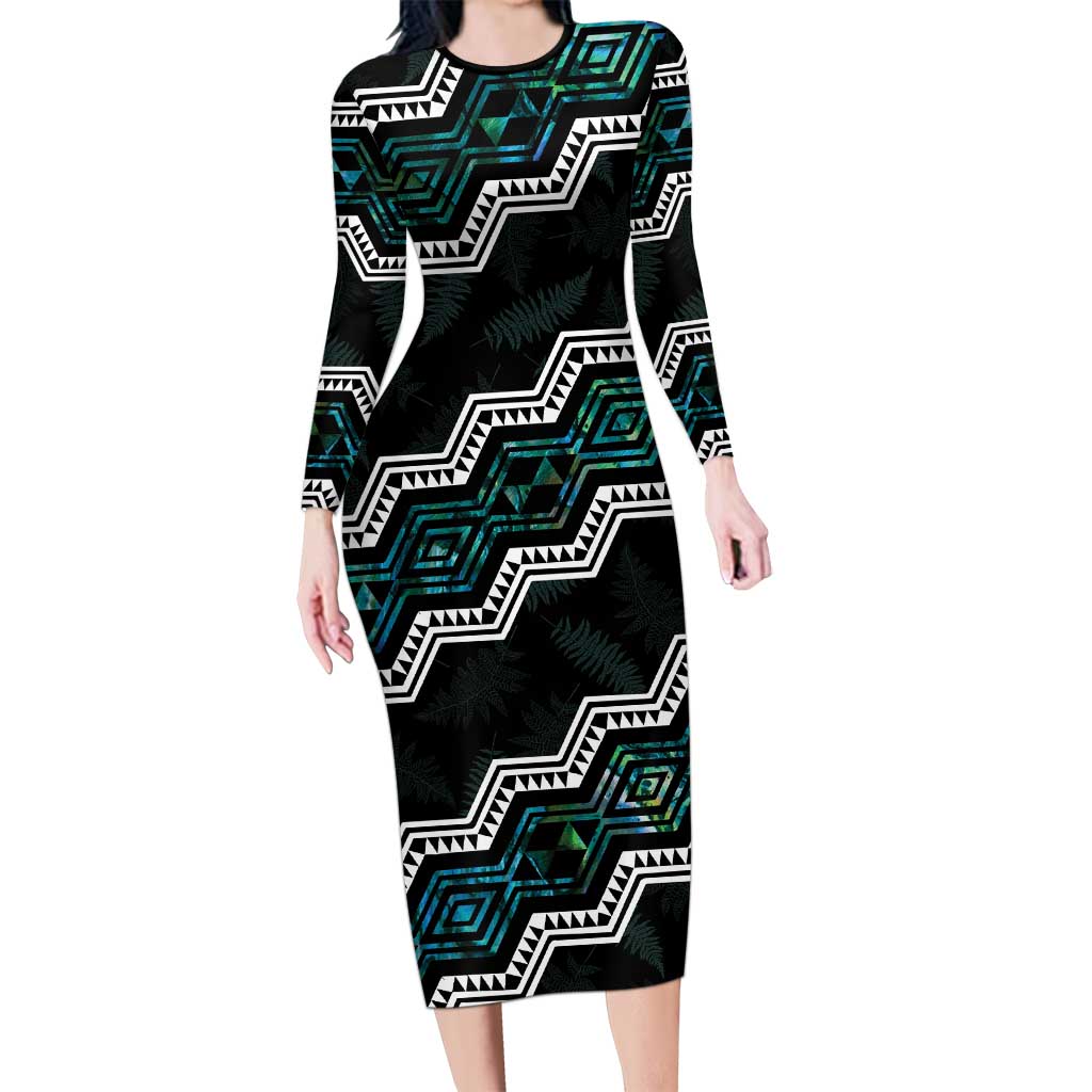 Personalised Taniko Aotearoa Mix Paua Shell Family Matching Long Sleeve Bodycon Dress and Hawaiian Shirt Niho Taniwha Turquoise Glitter LT01 Mom's Dress Turquoise - Polynesian Pride