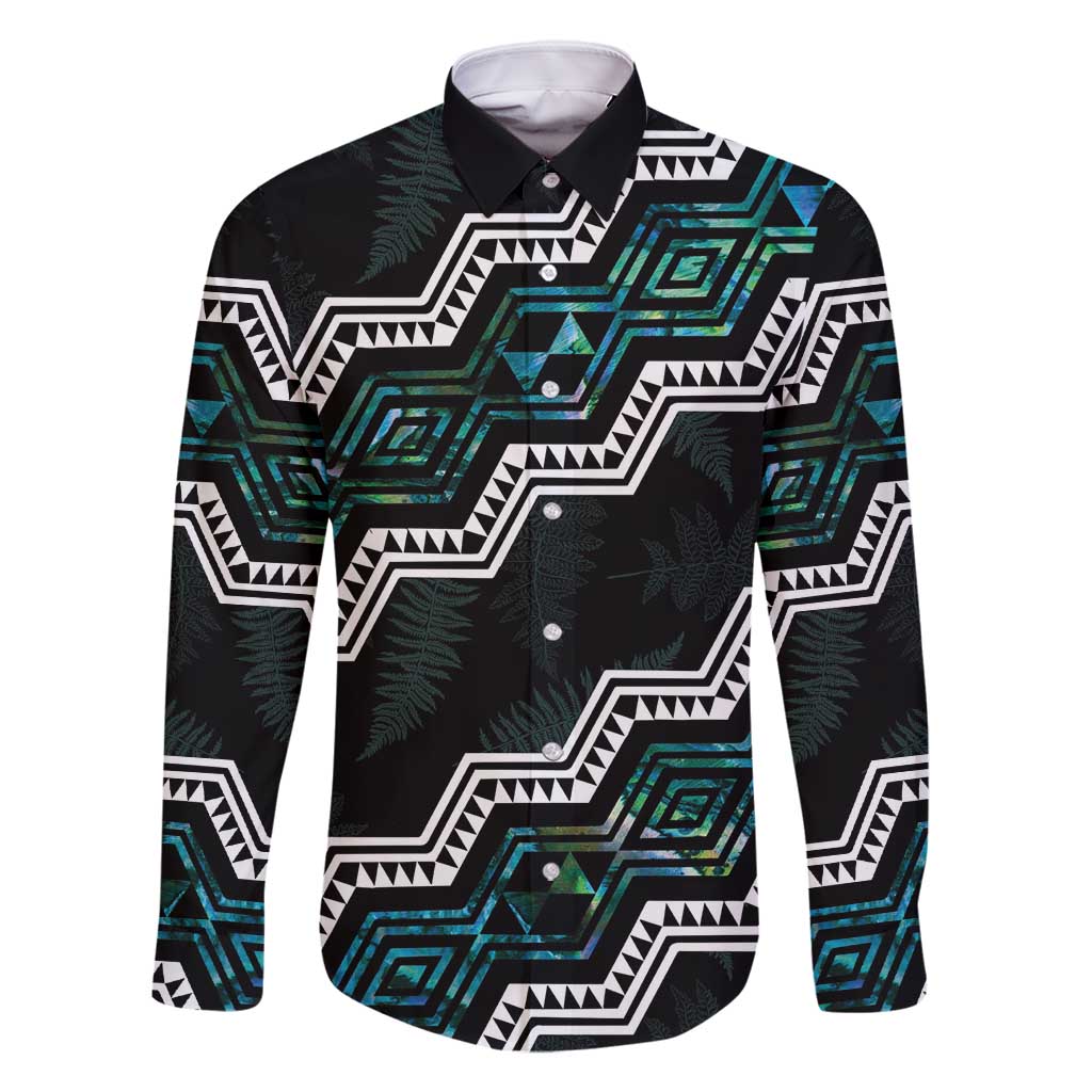 Personalised Taniko Aotearoa Mix Paua Shell Family Matching Mermaid Dress and Hawaiian Shirt Niho Taniwha Turquoise Glitter LT01 Dad's Shirt - Long Sleeve Turquoise - Polynesian Pride