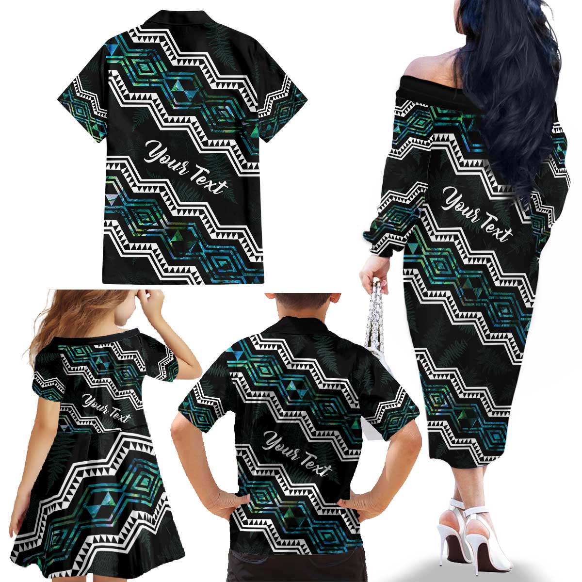 Personalised Taniko Aotearoa Mix Paua Shell Family Matching Off The Shoulder Long Sleeve Dress and Hawaiian Shirt Niho Taniwha Turquoise Glitter LT01 - Polynesian Pride