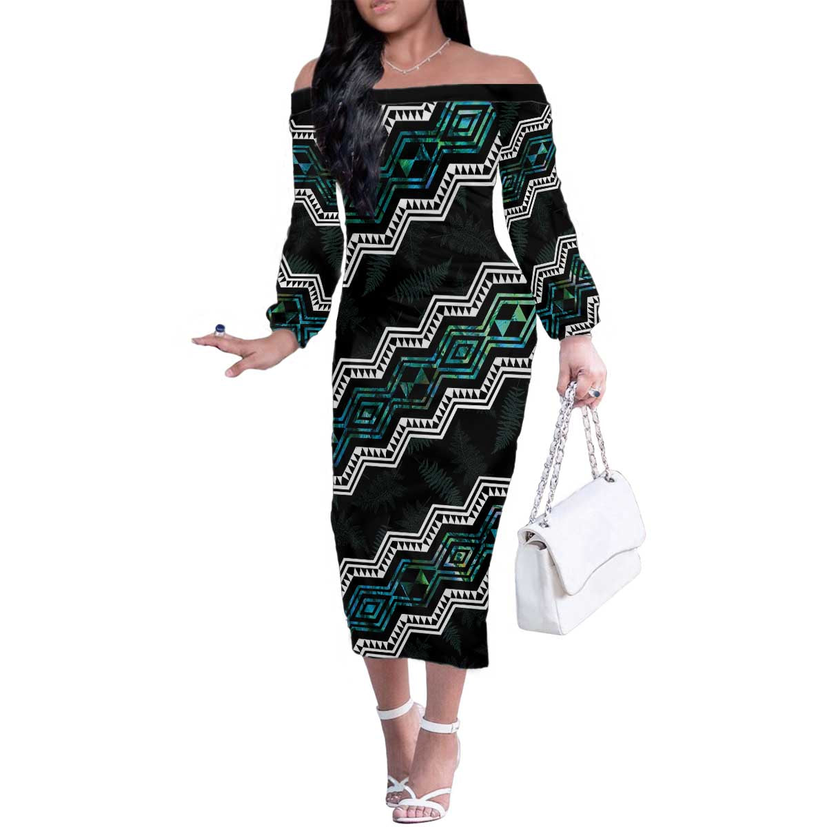 Personalised Taniko Aotearoa Mix Paua Shell Family Matching Off The Shoulder Long Sleeve Dress and Hawaiian Shirt Niho Taniwha Turquoise Glitter LT01 Mom's Dress Turquoise - Polynesian Pride