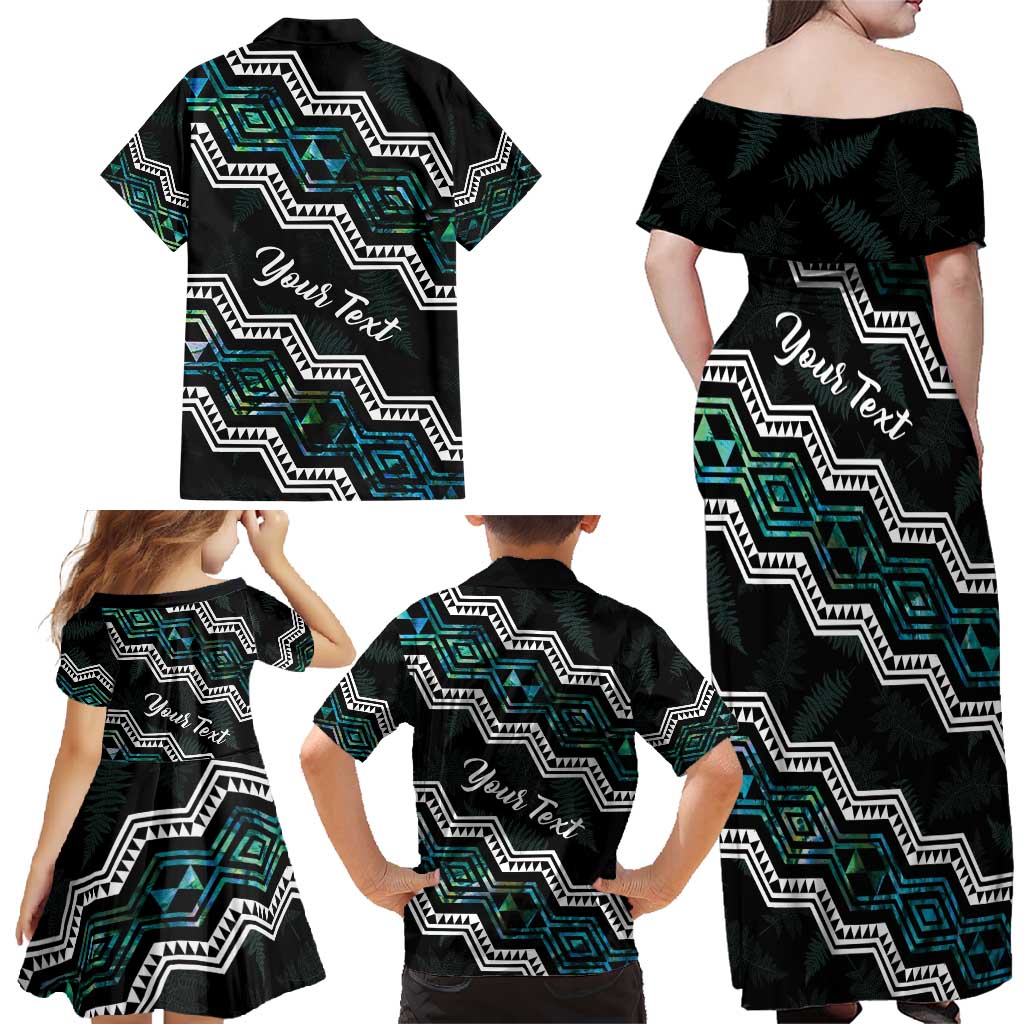 Personalised Taniko Aotearoa Mix Paua Shell Family Matching Off Shoulder Maxi Dress and Hawaiian Shirt Niho Taniwha Turquoise Glitter LT01 - Polynesian Pride