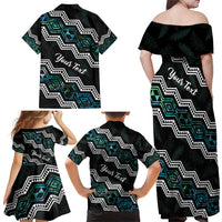 Personalised Taniko Aotearoa Mix Paua Shell Family Matching Off Shoulder Maxi Dress and Hawaiian Shirt Niho Taniwha Turquoise Glitter LT01 - Polynesian Pride