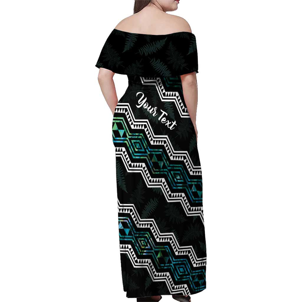 Personalised Taniko Aotearoa Mix Paua Shell Family Matching Off Shoulder Maxi Dress and Hawaiian Shirt Niho Taniwha Turquoise Glitter LT01 - Polynesian Pride