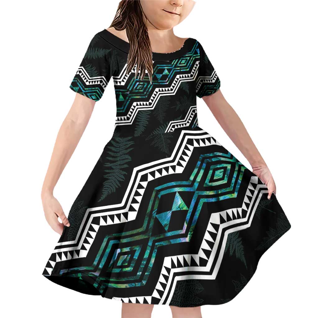 Personalised Taniko Aotearoa Mix Paua Shell Family Matching Off Shoulder Short Dress and Hawaiian Shirt Niho Taniwha Turquoise Glitter LT01 Daughter's Dress Turquoise - Polynesian Pride