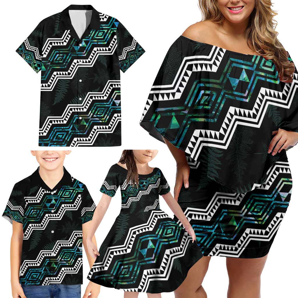 Personalised Taniko Aotearoa Mix Paua Shell Family Matching Off Shoulder Short Dress and Hawaiian Shirt Niho Taniwha Turquoise Glitter LT01 - Polynesian Pride