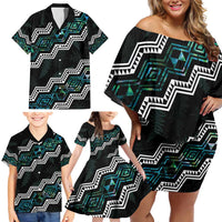 Personalised Taniko Aotearoa Mix Paua Shell Family Matching Off Shoulder Short Dress and Hawaiian Shirt Niho Taniwha Turquoise Glitter LT01 - Polynesian Pride