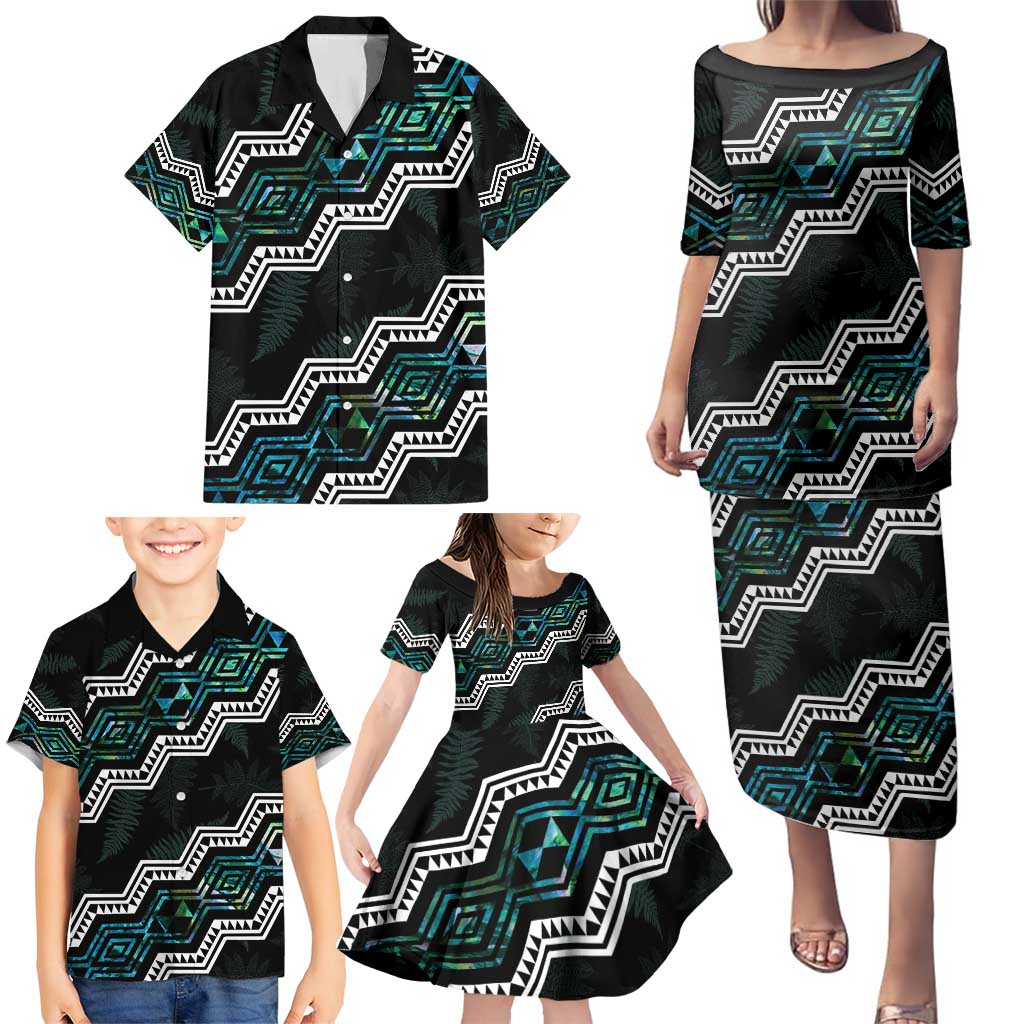 Personalised Taniko Aotearoa Mix Paua Shell Family Matching Puletasi and Hawaiian Shirt Niho Taniwha Turquoise Glitter LT01 - Polynesian Pride