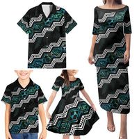 Personalised Taniko Aotearoa Mix Paua Shell Family Matching Puletasi and Hawaiian Shirt Niho Taniwha Turquoise Glitter LT01 - Polynesian Pride