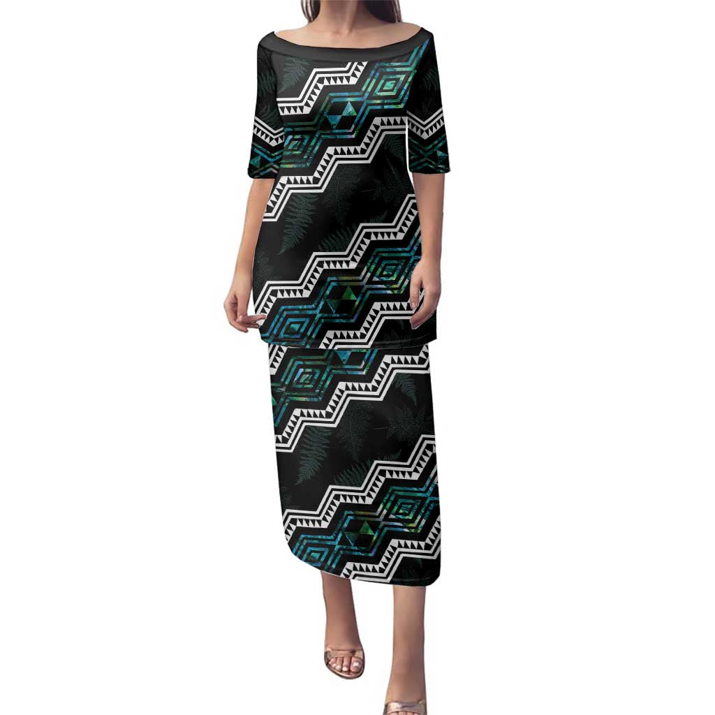Personalised Taniko Aotearoa Mix Paua Shell Family Matching Puletasi and Hawaiian Shirt Niho Taniwha Turquoise Glitter LT01 Mom's Dress Turquoise - Polynesian Pride