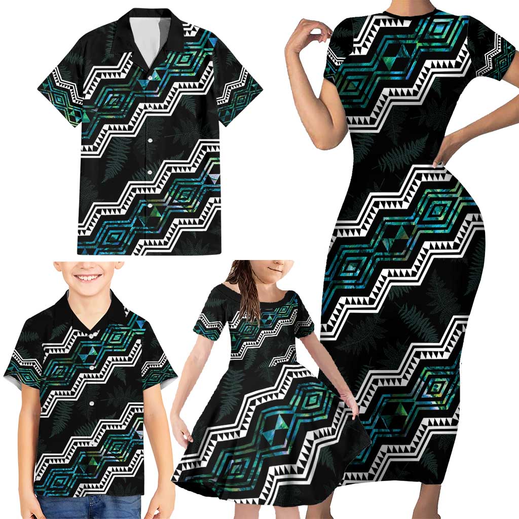 Personalised Taniko Aotearoa Mix Paua Shell Family Matching Short Sleeve Bodycon Dress and Hawaiian Shirt Niho Taniwha Turquoise Glitter LT01 - Polynesian Pride