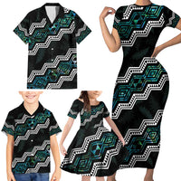 Personalised Taniko Aotearoa Mix Paua Shell Family Matching Short Sleeve Bodycon Dress and Hawaiian Shirt Niho Taniwha Turquoise Glitter LT01 - Polynesian Pride