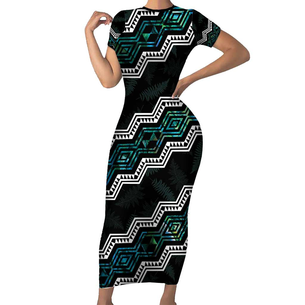 Personalised Taniko Aotearoa Mix Paua Shell Family Matching Short Sleeve Bodycon Dress and Hawaiian Shirt Niho Taniwha Turquoise Glitter LT01 Mom's Dress Turquoise - Polynesian Pride