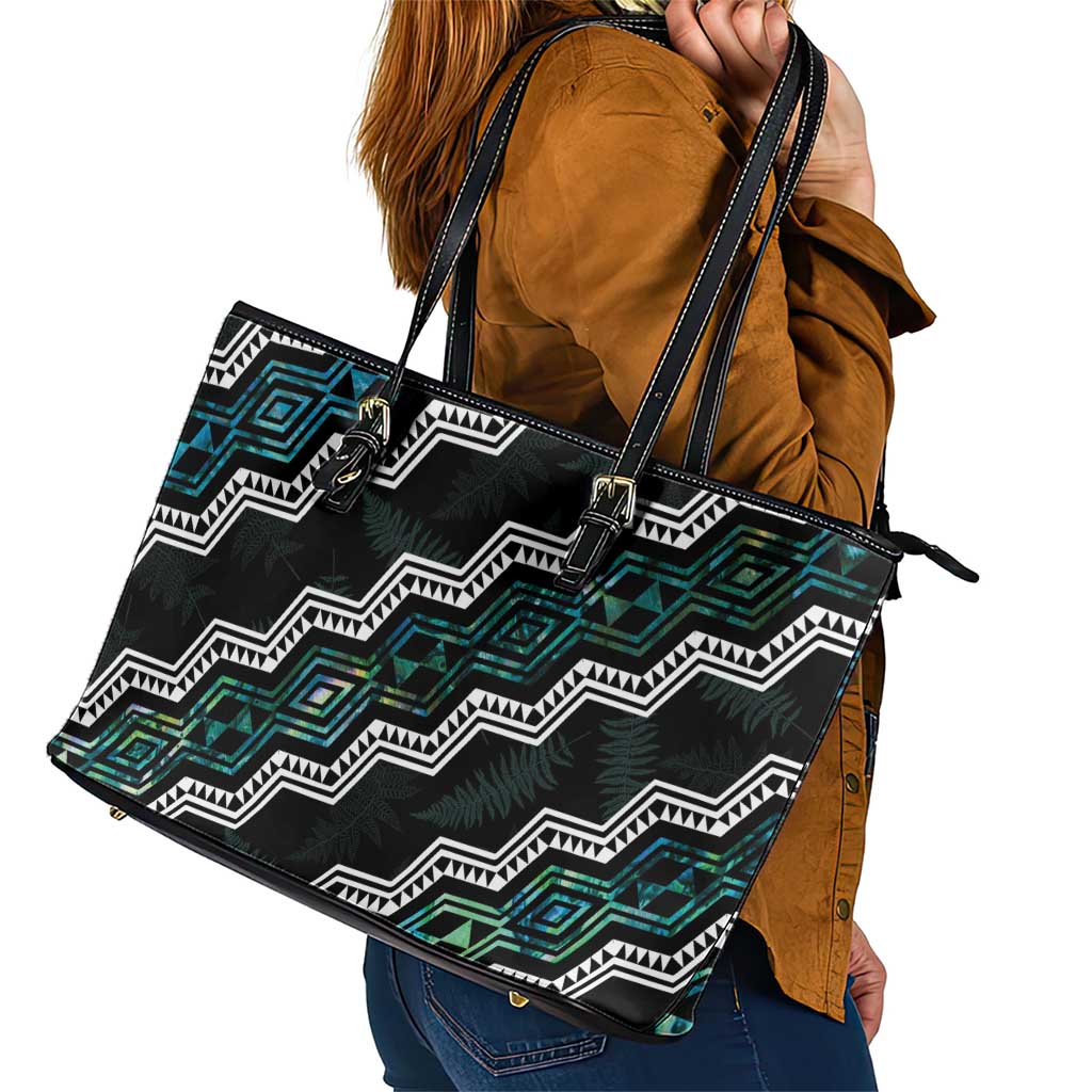 Personalised Taniko Aotearoa Mix Paua Shell Leather Tote Bag Niho Taniwha Turquoise Glitter