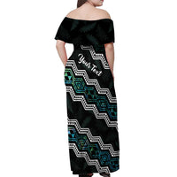 Personalised Taniko Aotearoa Mix Paua Shell Off Shoulder Maxi Dress Niho Taniwha Turquoise Glitter