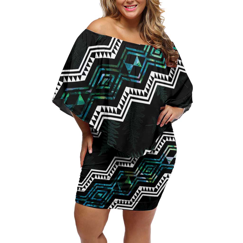 Personalised Taniko Aotearoa Mix Paua Shell Off Shoulder Short Dress Niho Taniwha Turquoise Glitter LT01 Women Turquoise - Polynesian Pride