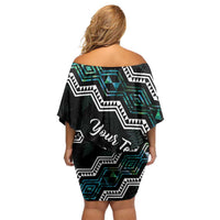 Personalised Taniko Aotearoa Mix Paua Shell Off Shoulder Short Dress Niho Taniwha Turquoise Glitter LT01 - Polynesian Pride
