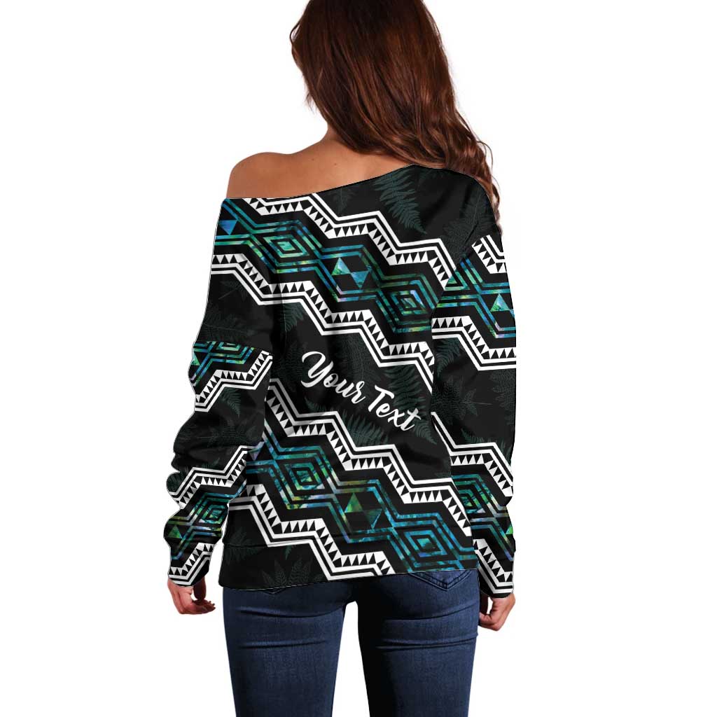 Personalised Taniko Aotearoa Mix Paua Shell Off Shoulder Sweater Niho Taniwha Turquoise Glitter