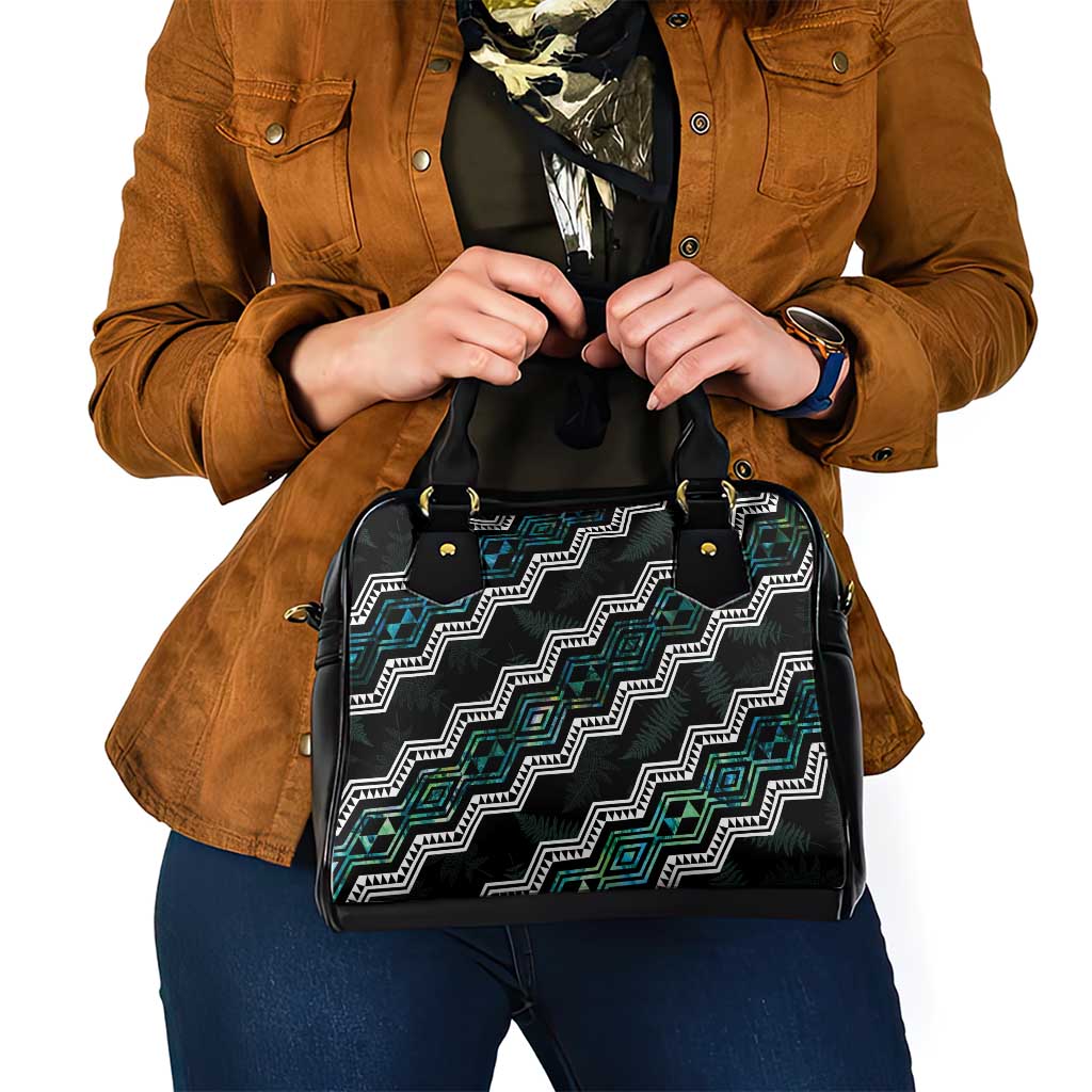 Personalised Taniko Aotearoa Mix Paua Shell Shoulder Handbag Niho Taniwha Turquoise Glitter