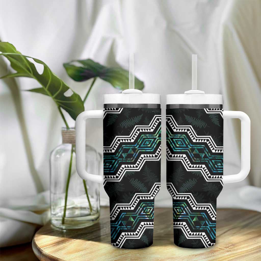 Personalised Taniko Aotearoa Mix Paua Shell Tumbler With Handle Niho Taniwha Turquoise Glitter