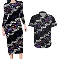 Personalised Taniko Aotearoa Mix Paua Shell Couples Matching Long Sleeve Bodycon Dress and Hawaiian Shirt Niho Taniwha Lilac Glitter LT01 Purple - Polynesian Pride