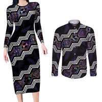 Personalised Taniko Aotearoa Mix Paua Shell Couples Matching Long Sleeve Bodycon Dress and Long Sleeve Button Shirt Niho Taniwha Lilac Glitter LT01 Purple - Polynesian Pride