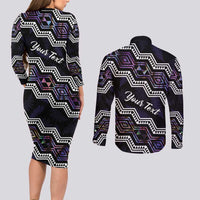 Personalised Taniko Aotearoa Mix Paua Shell Couples Matching Long Sleeve Bodycon Dress and Long Sleeve Button Shirt Niho Taniwha Lilac Glitter LT01 - Polynesian Pride