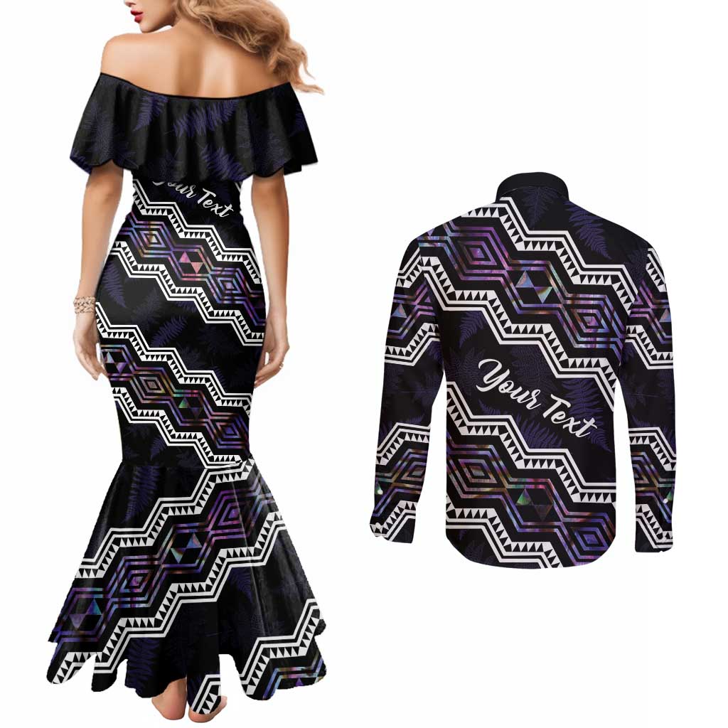 Personalised Taniko Aotearoa Mix Paua Shell Couples Matching Mermaid Dress and Long Sleeve Button Shirt Niho Taniwha Lilac Glitter