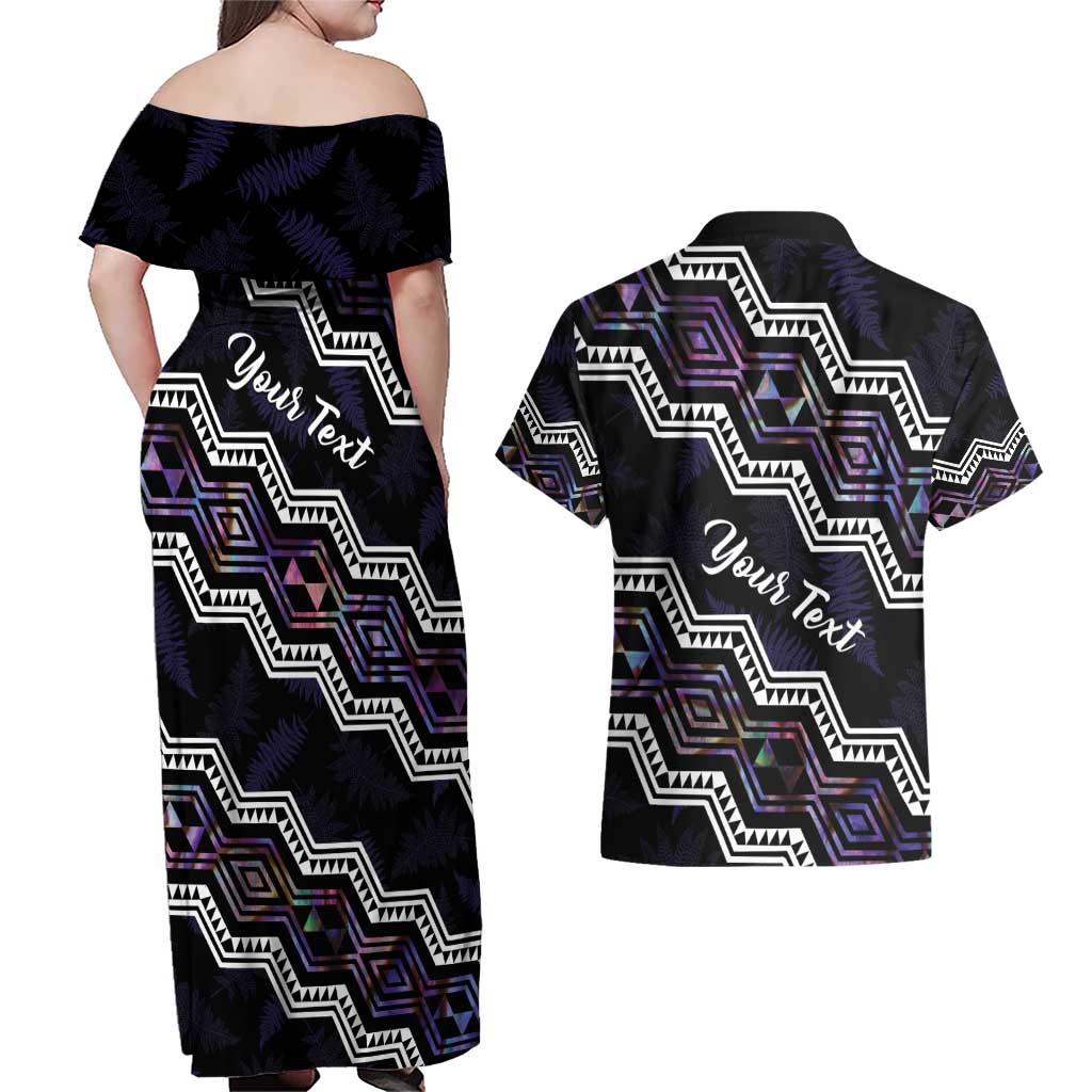 Personalised Taniko Aotearoa Mix Paua Shell Couples Matching Off Shoulder Maxi Dress and Hawaiian Shirt Niho Taniwha Lilac Glitter LT01 - Polynesian Pride
