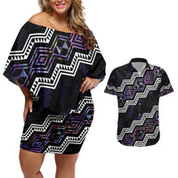 Personalised Taniko Aotearoa Mix Paua Shell Couples Matching Off Shoulder Short Dress and Hawaiian Shirt Niho Taniwha Lilac Glitter LT01 Purple - Polynesian Pride