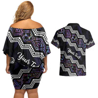 Personalised Taniko Aotearoa Mix Paua Shell Couples Matching Off Shoulder Short Dress and Hawaiian Shirt Niho Taniwha Lilac Glitter LT01 - Polynesian Pride