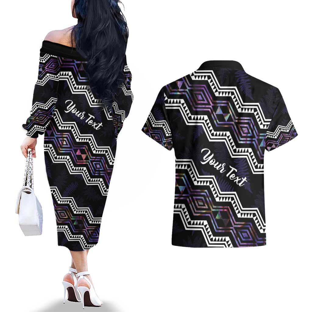 Personalised Taniko Aotearoa Mix Paua Shell Couples Matching Off The Shoulder Long Sleeve Dress and Hawaiian Shirt Niho Taniwha Lilac Glitter LT01 - Polynesian Pride