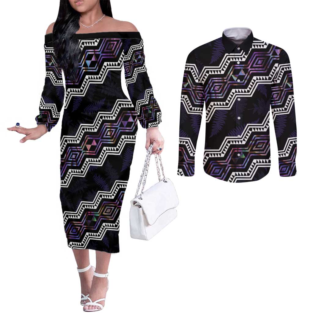 Personalised Taniko Aotearoa Mix Paua Shell Couples Matching Off The Shoulder Long Sleeve Dress and Long Sleeve Button Shirt Niho Taniwha Lilac Glitter LT01 Purple - Polynesian Pride