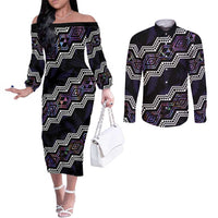 Personalised Taniko Aotearoa Mix Paua Shell Couples Matching Off The Shoulder Long Sleeve Dress and Long Sleeve Button Shirt Niho Taniwha Lilac Glitter LT01 Purple - Polynesian Pride