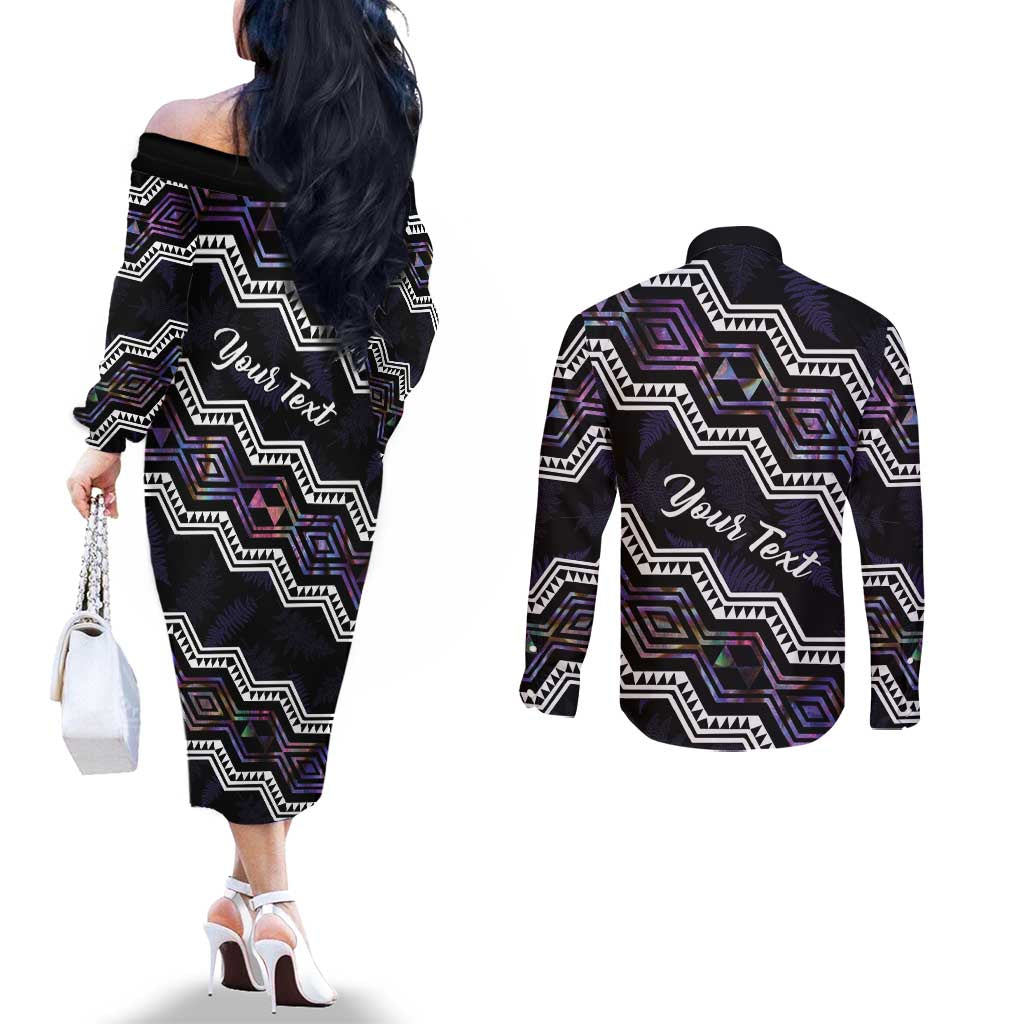 Personalised Taniko Aotearoa Mix Paua Shell Couples Matching Off The Shoulder Long Sleeve Dress and Long Sleeve Button Shirt Niho Taniwha Lilac Glitter LT01 - Polynesian Pride