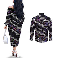Personalised Taniko Aotearoa Mix Paua Shell Couples Matching Off The Shoulder Long Sleeve Dress and Long Sleeve Button Shirt Niho Taniwha Lilac Glitter LT01 - Polynesian Pride