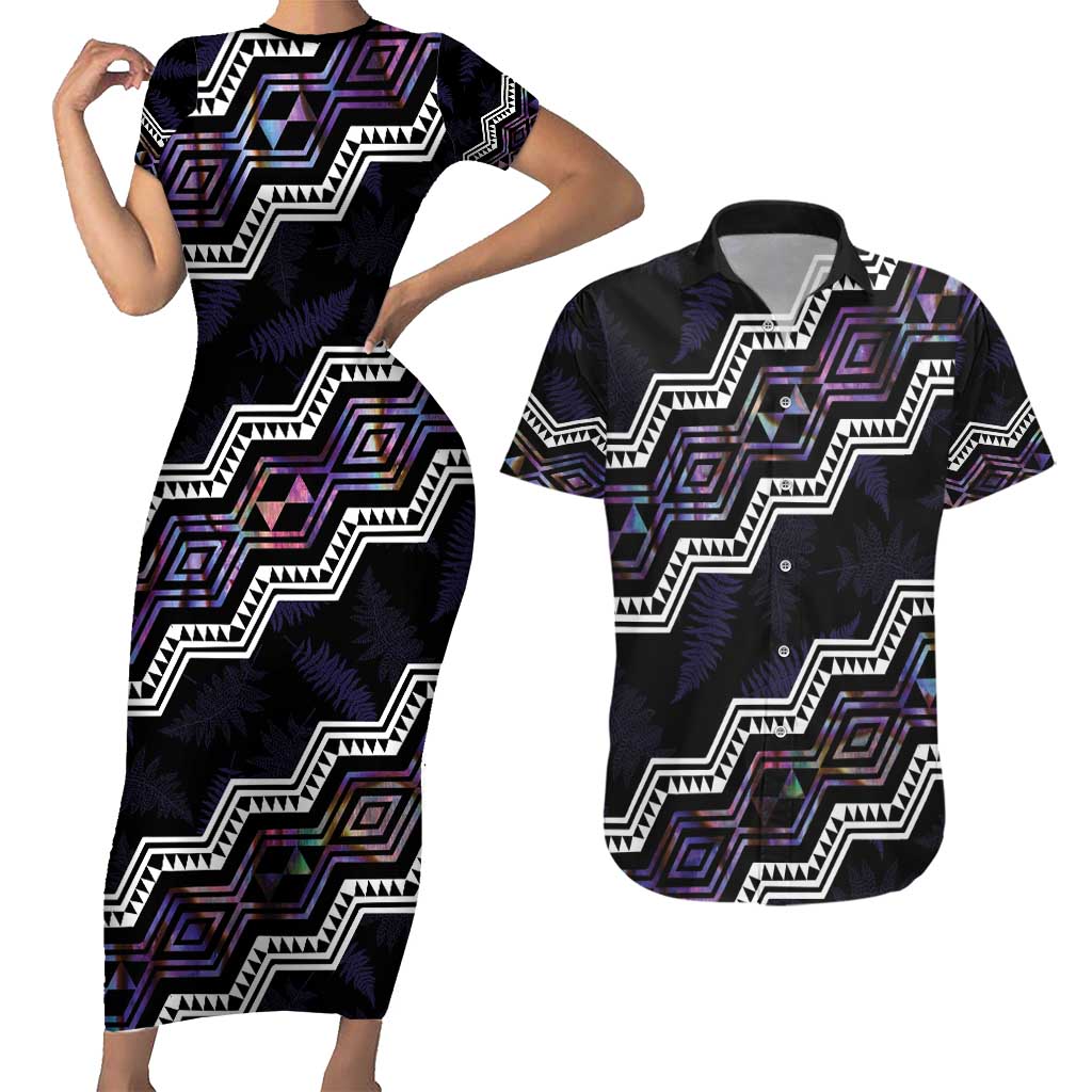 Personalised Taniko Aotearoa Mix Paua Shell Couples Matching Short Sleeve Bodycon Dress and Hawaiian Shirt Niho Taniwha Lilac Glitter