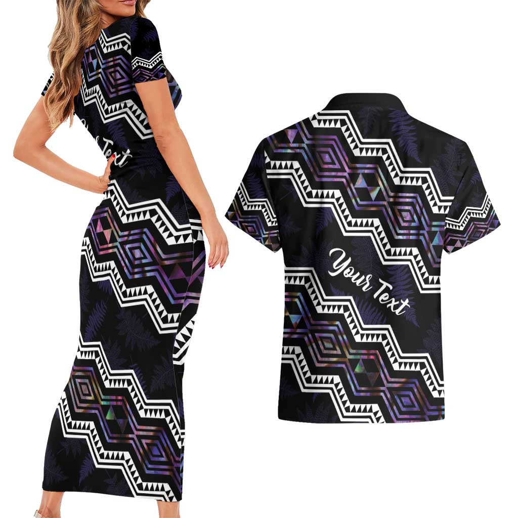Personalised Taniko Aotearoa Mix Paua Shell Couples Matching Short Sleeve Bodycon Dress and Hawaiian Shirt Niho Taniwha Lilac Glitter LT01 - Polynesian Pride