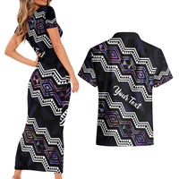 Personalised Taniko Aotearoa Mix Paua Shell Couples Matching Short Sleeve Bodycon Dress and Hawaiian Shirt Niho Taniwha Lilac Glitter LT01 - Polynesian Pride