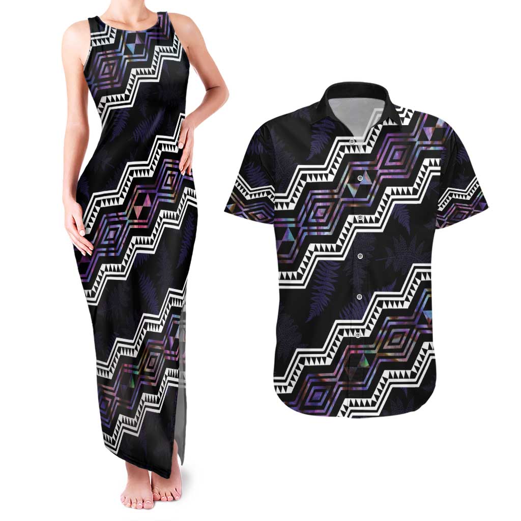 Personalised Taniko Aotearoa Mix Paua Shell Couples Matching Tank Maxi Dress and Hawaiian Shirt Niho Taniwha Lilac Glitter LT01 Purple - Polynesian Pride