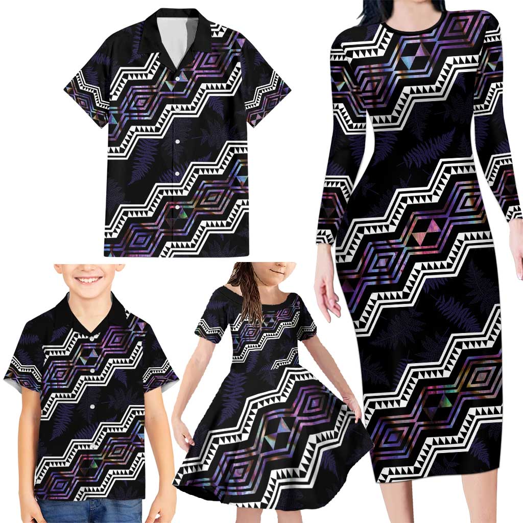 Personalised Taniko Aotearoa Mix Paua Shell Family Matching Long Sleeve Bodycon Dress and Hawaiian Shirt Niho Taniwha Lilac Glitter LT01 - Polynesian Pride