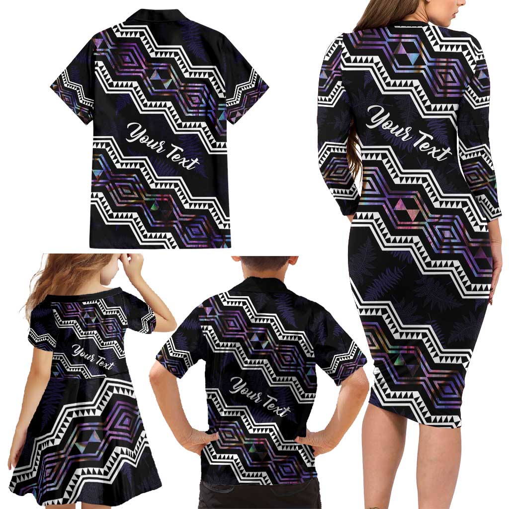 Personalised Taniko Aotearoa Mix Paua Shell Family Matching Long Sleeve Bodycon Dress and Hawaiian Shirt Niho Taniwha Lilac Glitter LT01 - Polynesian Pride