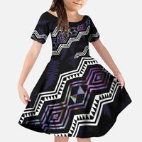 Personalised Taniko Aotearoa Mix Paua Shell Family Matching Off The Shoulder Long Sleeve Dress and Hawaiian Shirt Niho Taniwha Lilac Glitter LT01 Daughter's Dress Purple - Polynesian Pride