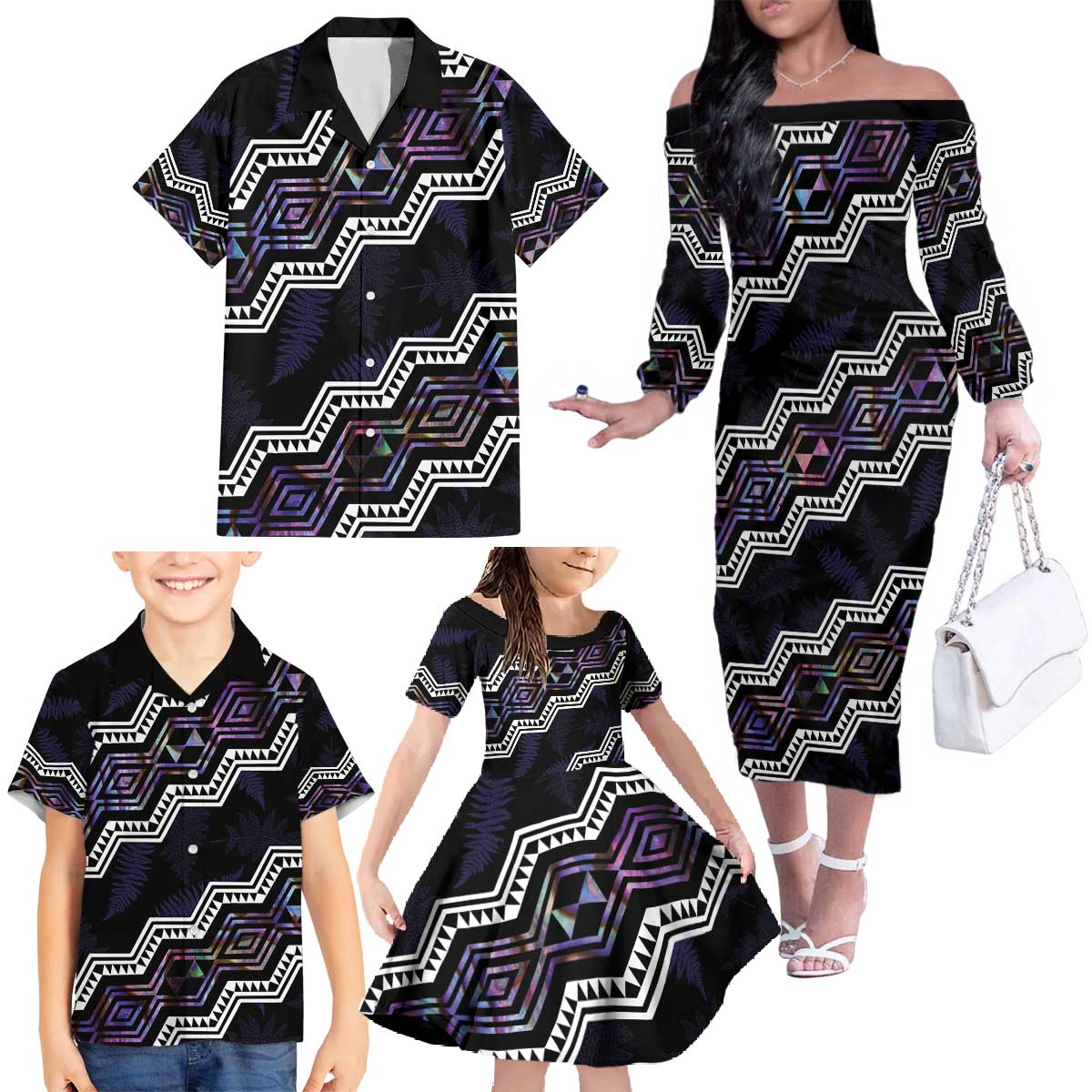 Personalised Taniko Aotearoa Mix Paua Shell Family Matching Off The Shoulder Long Sleeve Dress and Hawaiian Shirt Niho Taniwha Lilac Glitter LT01 - Polynesian Pride